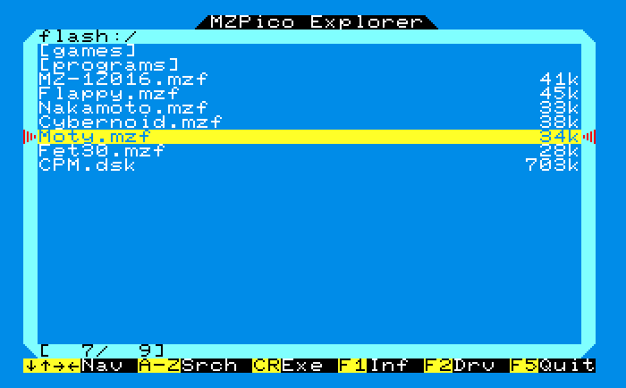 MZPico file explorer on the MZ-800