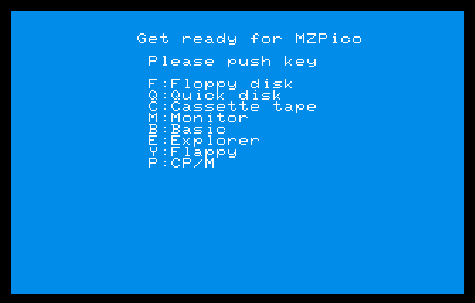MZPico boot menu on the MZ-800